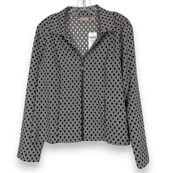 Chico’s Perfect Stretch Jacquard Zip Jacket Black White Geometric Capsule Medium - Picture 1 of 10